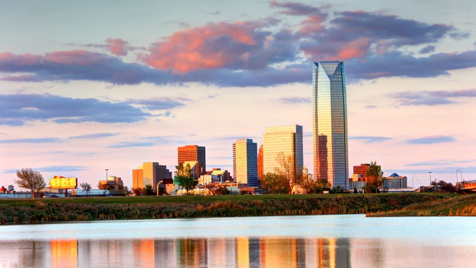 Oklahoma City skyline along the Oklahoma River at sunset